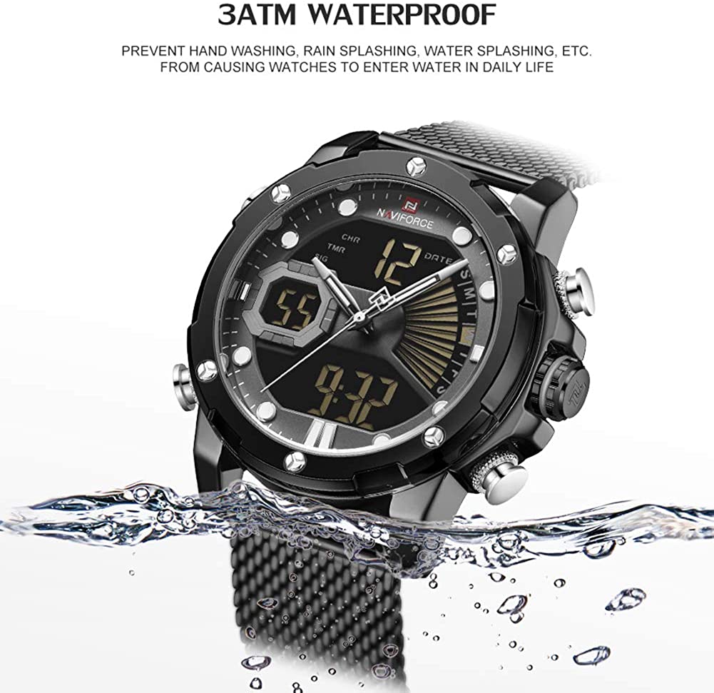 Mens Digital Watches Stainless Steel Mesh Band Sport Waterproof  