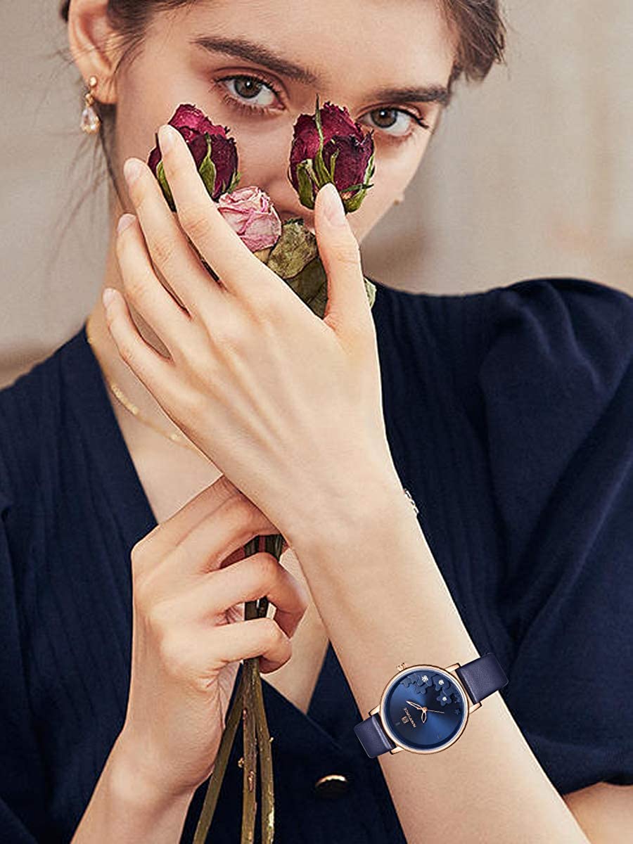 Analog Luxury Genuine Leather Watches for Women with Diamond Waterproof  