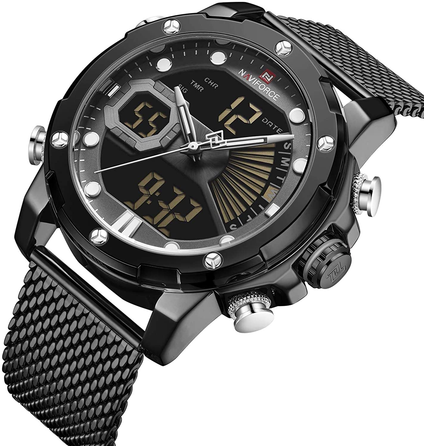 Mens Digital Watches Stainless Steel Mesh Band Sport Waterproof  