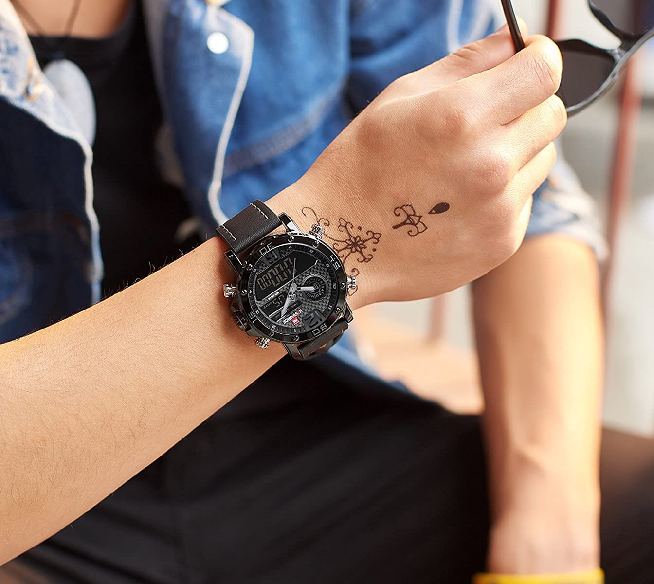 Men's Waterproof Sport Watches Leather Digital Analog  