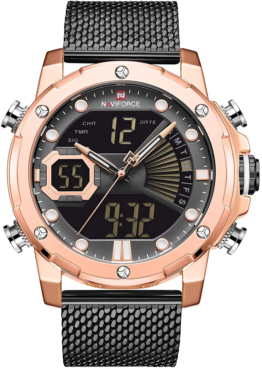 Mens Digital Watches Stainless Steel Mesh Band Sport Waterproof  