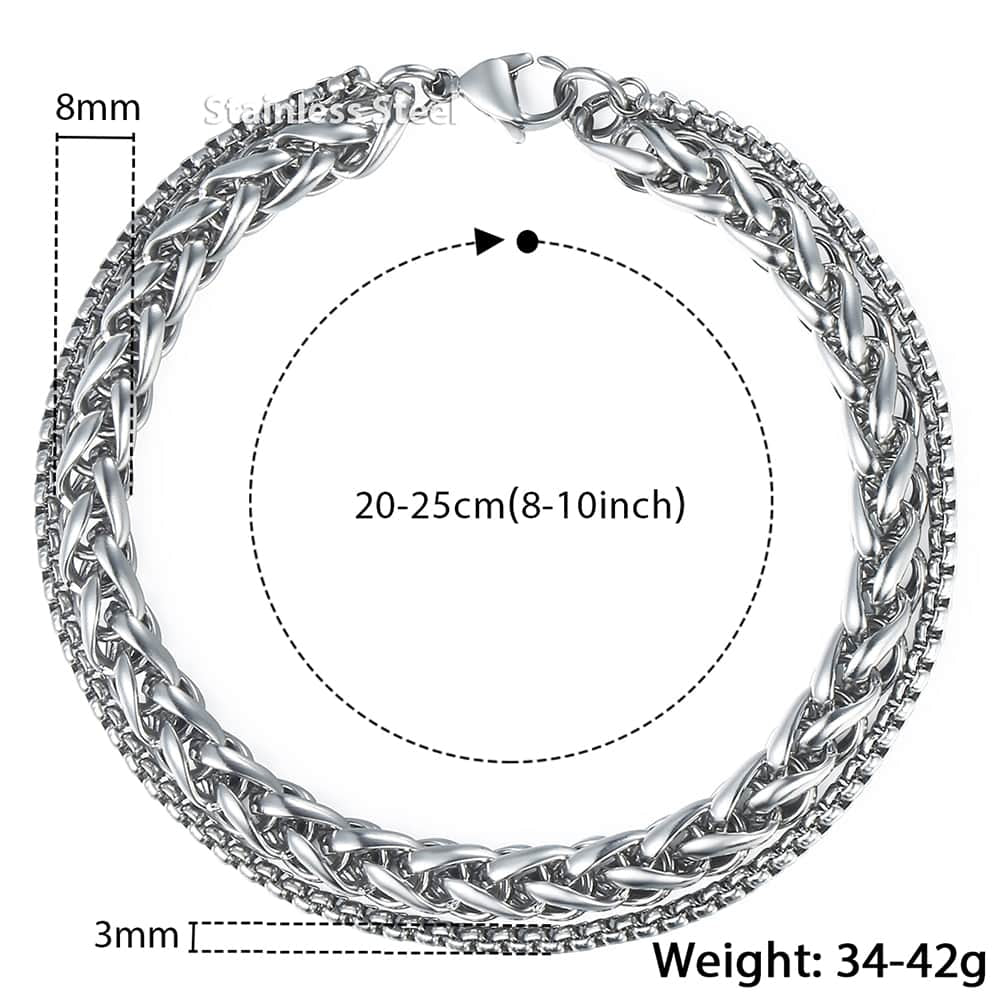 Unique Men's Bracelet Double Chain Bracelet Stainless Steel Wheat Box Chain Link Bracelets Male Jewelry Dropshipping DB75