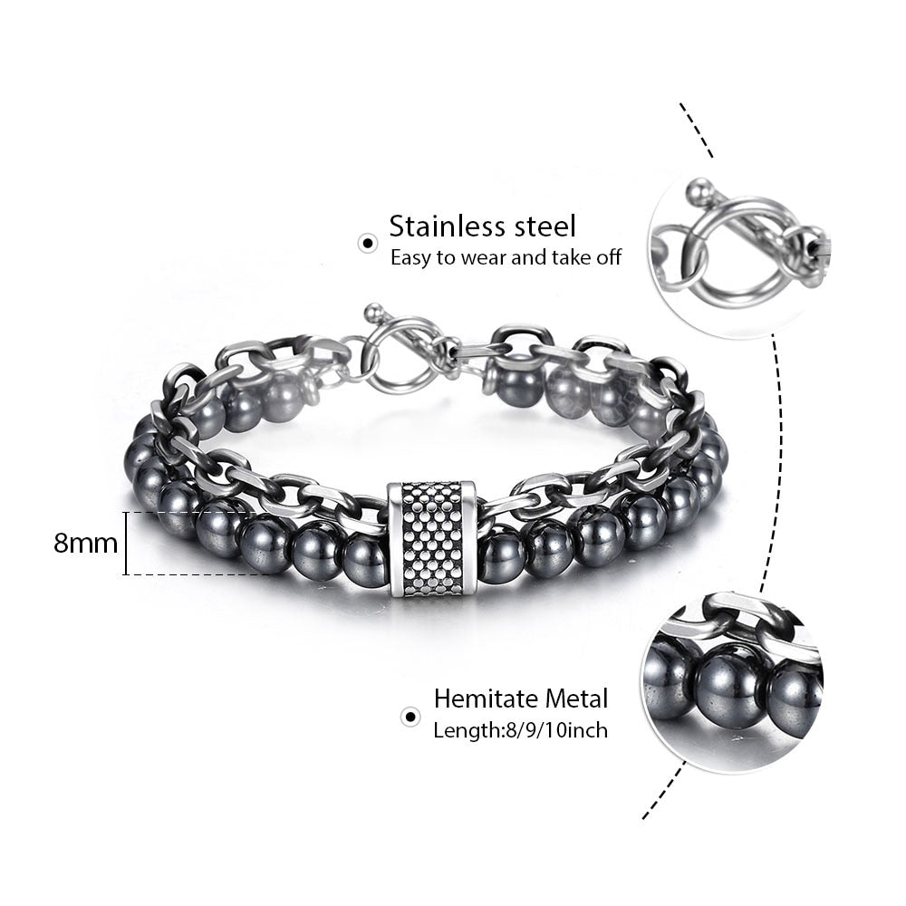 Trendsmax Natural Map Stone Men's Beaded Bracelet for women Stainless Steel Bracelets Male Jewelry Tiger eye 8 9 10 inch DB33