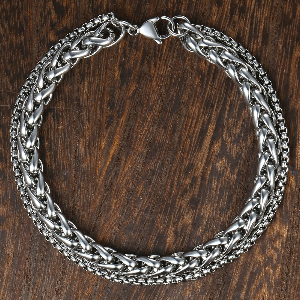 Unique Men's Bracelet Double Chain Bracelet Stainless Steel Wheat Box Chain Link Bracelets Male Jewelry Dropshipping DB75