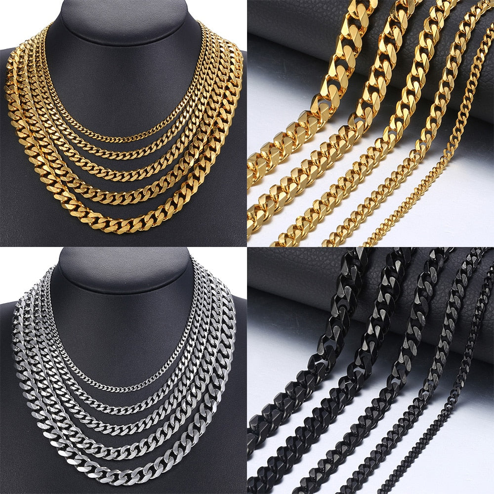 Size 3-9mm Men's Necklace Stainless Steel Cuban Link Chain Gold Black Silver Color Male Jewelry Gifts for Men KNM07