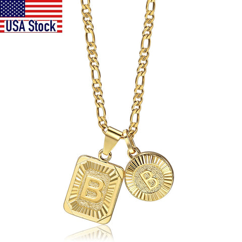 Image of Chic 2pcs Letter Pendants with Figaro Chain Necklace Stainless Steel Link Choker for Men Women Gold Filled Jewelry Gift 18inch