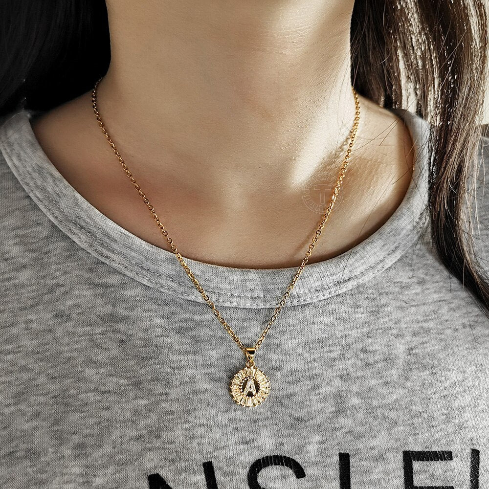 Cute CZ Initial Letter Pendant Necklace For Women Girls Stainless Steel Rolo Chain Rhinestone Gold Name Charms Jewelry GP399C