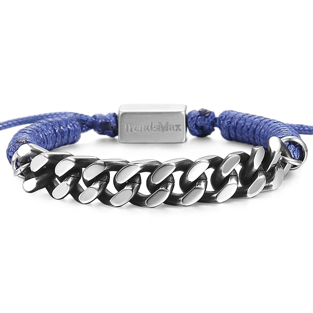 Cuban Link Chain Braided Leather Bracelet For Mens Boys Handmade Stainless Steel Curb Blue Surfer Adjustable TBL00102 (TBL00102)