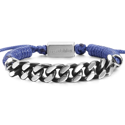 Image of Cuban Link Chain Braided Leather Bracelet For Mens Boys Handmade Stainless Steel Curb Blue Surfer Adjustable TBL00102 (TBL00102)