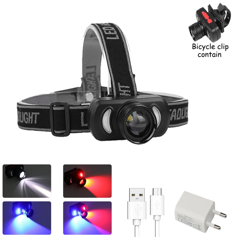 EZK20 LED Headlamp Red and Blue Built-in Battery USB Rechargeable Telescopic Zoom with Bicycle Clip for Biking