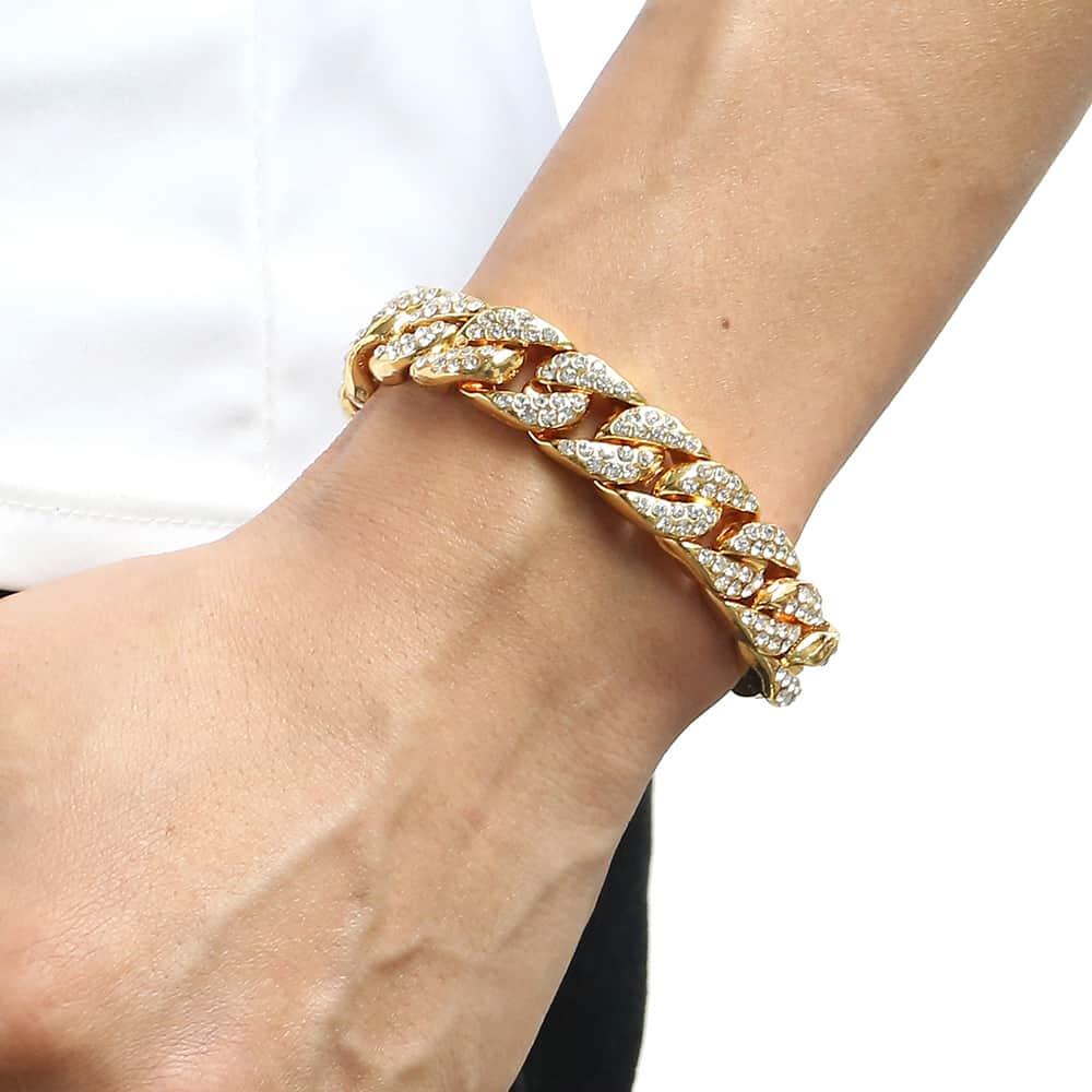 Hiphop 14mm Iced Out Paved Rhinestones Necklack Yellow Gold Filled Miami Curb Cuban Chain CZ Rapper For Men Jewelry GN432