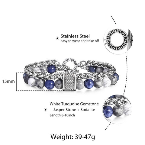 Image of Trendsmax Natural Map Stone Men's Beaded Bracelet for women Stainless Steel Bracelets Male Jewelry Tiger eye 8 9 10 inch DB33