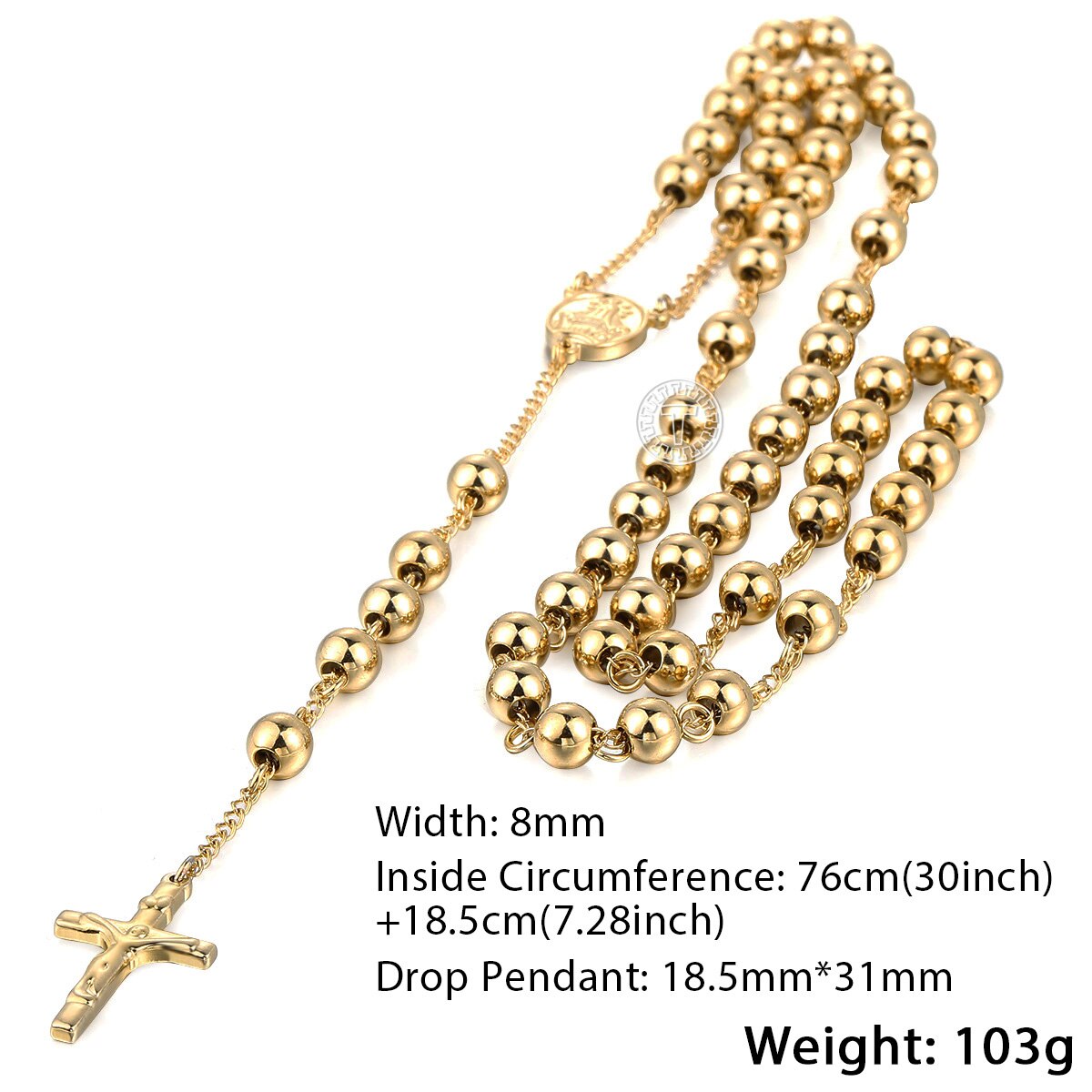 6mm Rosary Jesus Christ Cross Pendant Necklace Gold Black Tone Stainless Steel Bead Long Chain Women Men Fashion Jewelry KN434