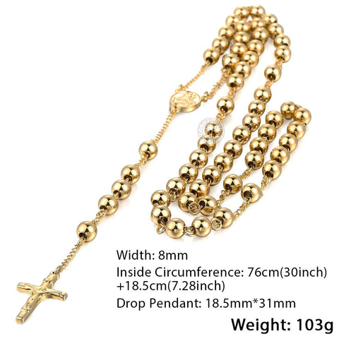 Image of 6mm Rosary Jesus Christ Cross Pendant Necklace Gold Black Tone Stainless Steel Bead Long Chain Women Men Fashion Jewelry KN434