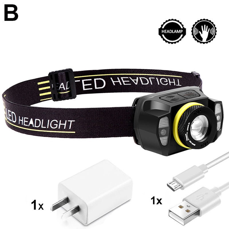 EZK20 5 Modes XPG LED Red Light Headlamp Built-in Battery Headlamp Rotate Zoom USB Sensor Headlight for Running