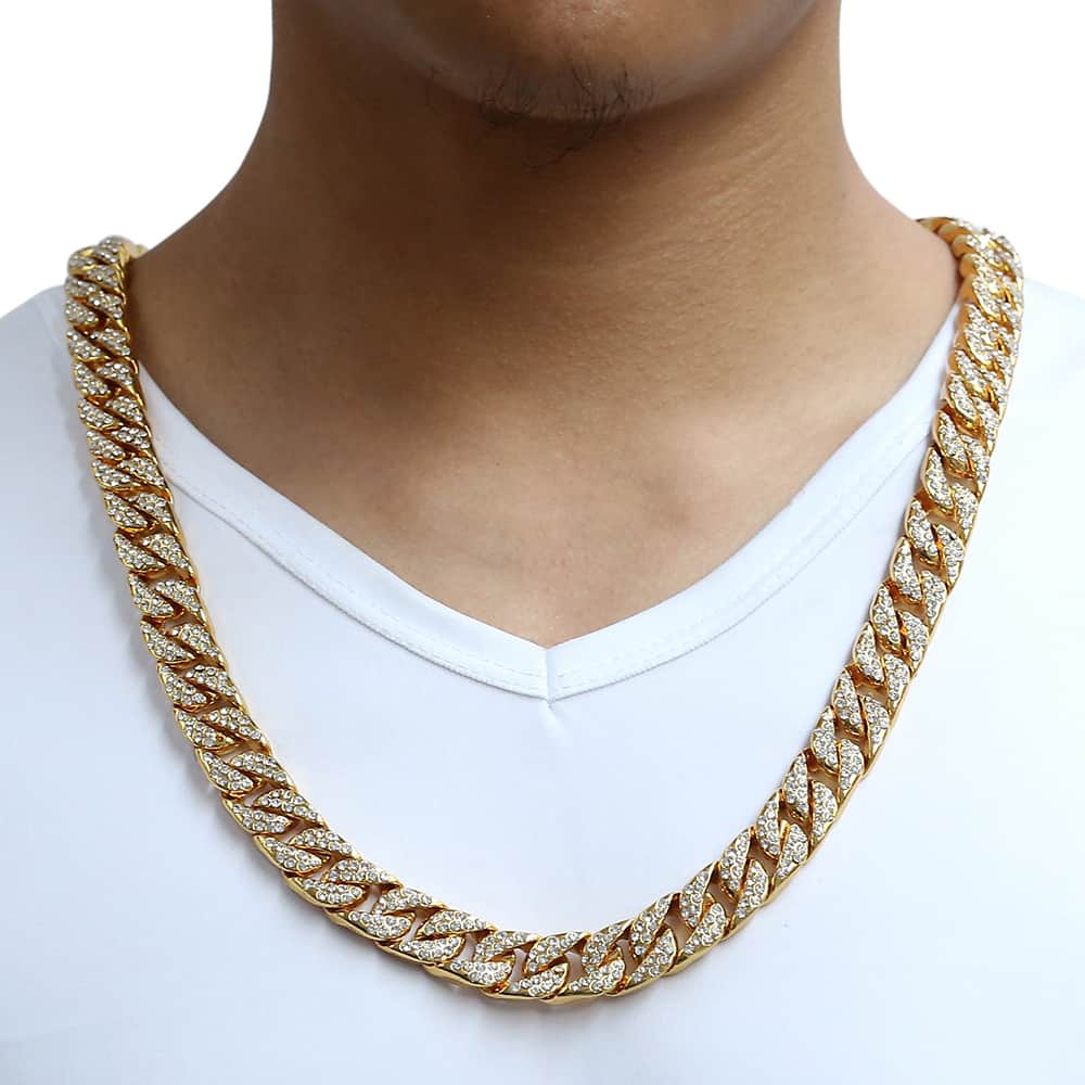 Hiphop 14mm Iced Out Paved Rhinestones Necklack Yellow Gold Filled Miami Curb Cuban Chain CZ Rapper For Men Jewelry GN432