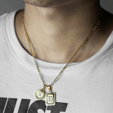 Image of Chic 2pcs Letter Pendants with Figaro Chain Necklace Stainless Steel Link Choker for Men Women Gold Filled Jewelry Gift 18inch
