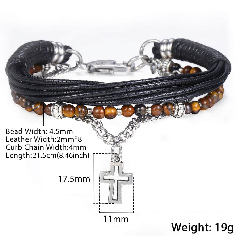 Trendsmax Natural Tiger Eye Stone Beaded Bracelet for men boy women Stainless Steel Cross Charm Leather Bracelet Jewelry KDLB71