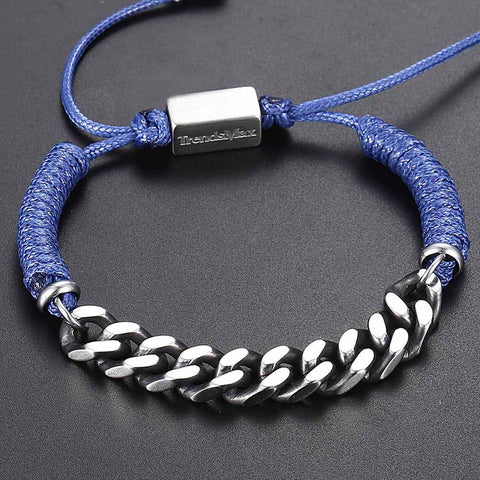 Image of Cuban Link Chain Braided Leather Bracelet For Mens Boys Handmade Stainless Steel Curb Blue Surfer Adjustable TBL00102