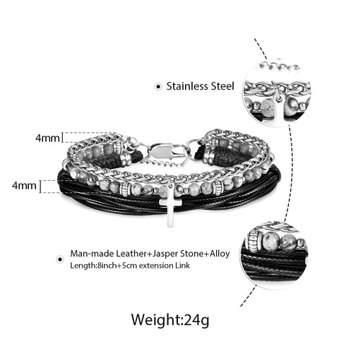 Image of Trendsmax Natural Tiger Eye Stone Beaded Bracelet for men boy women Stainless Steel Cross Charm Leather Bracelet Jewelry KDLB71