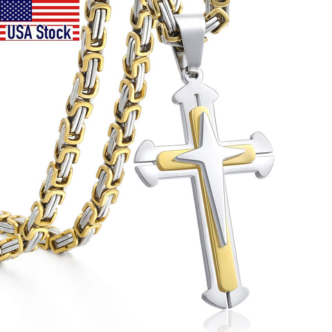 Image of Men's Cross Necklace Gold Black Cross Pendant Stainless Steel Byzantine Chain Necklace 2018 Hip Hop Male Jewelry KP180