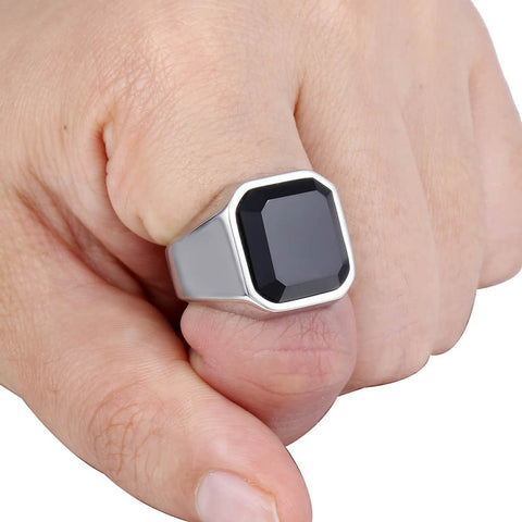 Image of Men's Ring Rock Punk Smooth 316L Stainless Steel Black CZ Gold Silver Color Hip Hop Rings For Men Party Jewelry Wholesale KHRM63