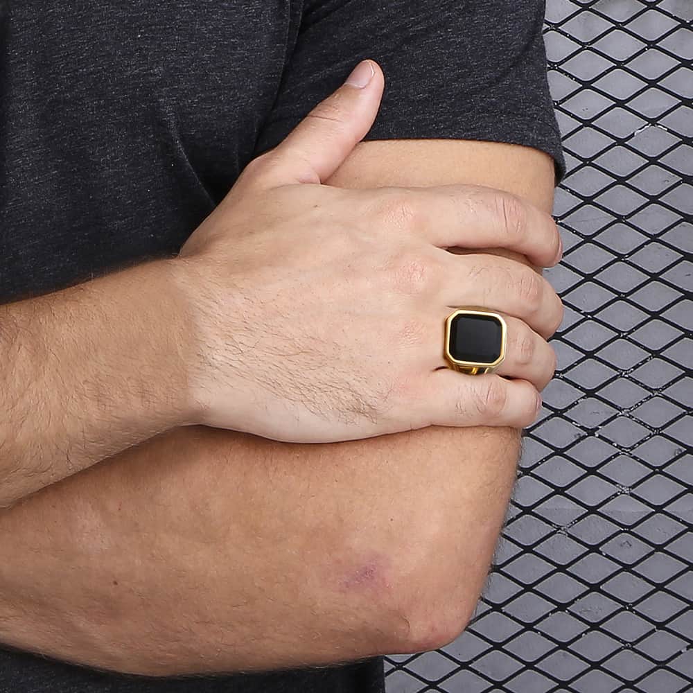 Men's Ring Rock Punk Smooth 316L Stainless Steel Black CZ Gold Silver Color Hip Hop Rings For Men Party Jewelry Wholesale KHRM63