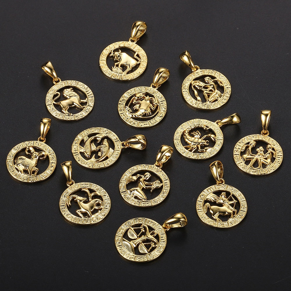 Men's Women's 12 Horoscope Zodiac Sign Gold Pendant Necklace Aries Leo Wholesale Dropshipping 12 Constellations Jewelry GPM24