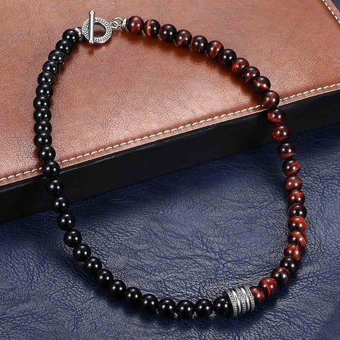 Image of Natural Red Tiger Eyes Map Stone Necklace For Men Unisex Stainless Steel Matte Black Bead Necklace Male Jewelry Gift TNB001A