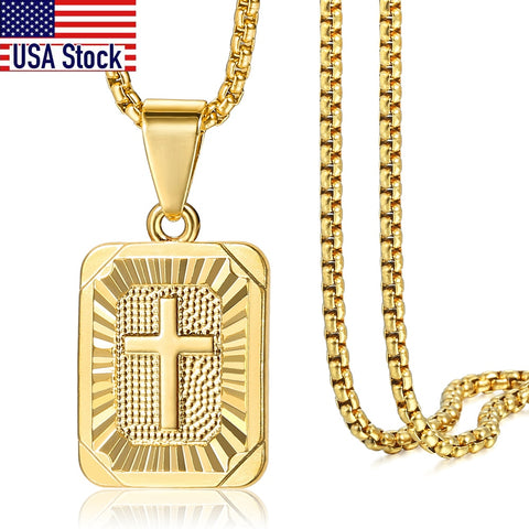 Image of New Square Christian Cross Pendant Necklace Gold Color Jesus Christ Crucifix Charm Stainless Steel Box Chain for Men Women GP422