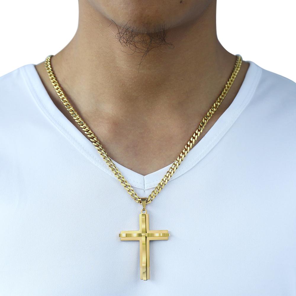 Dropshipping Cross Pendant Necklace For Men Black Gold Silver color Stainless Steel Pendant Necklace Men Hip Hop Jewelry KP52