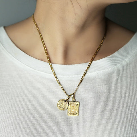 Image of Chic 2pcs Letter Pendants with Figaro Chain Necklace Stainless Steel Link Choker for Men Women Gold Filled Jewelry Gift 18inch