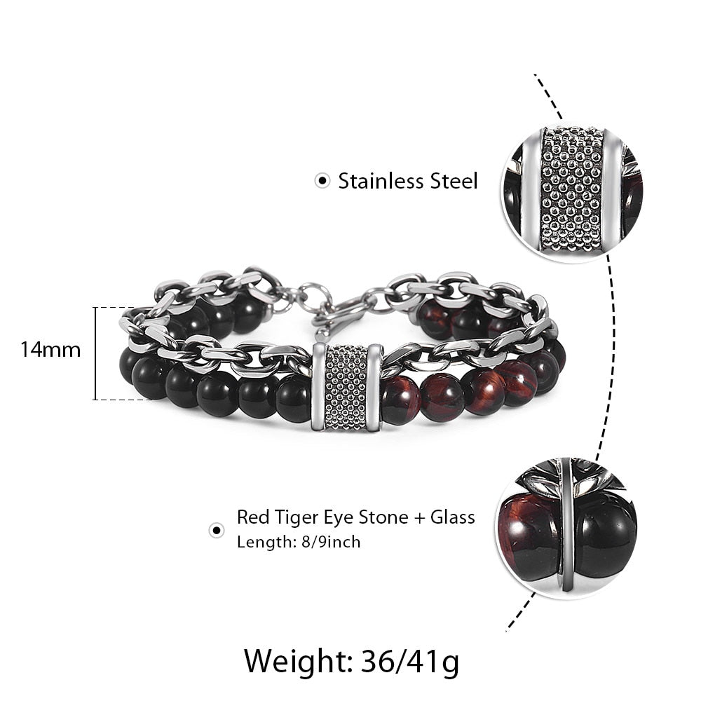 Trendsmax Natural Map Stone Men's Beaded Bracelet for women Stainless Steel Bracelets Male Jewelry Tiger eye 8 9 10 inch DB33
