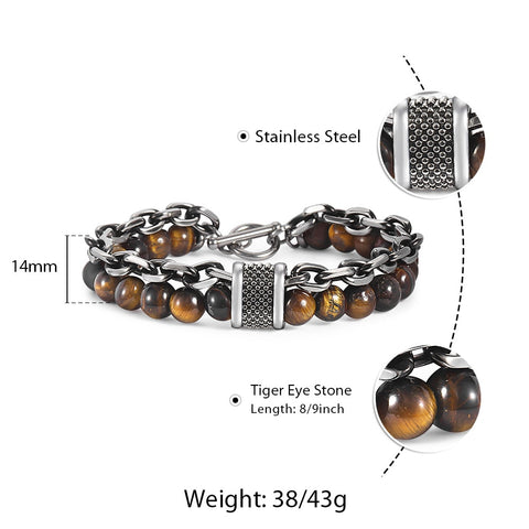 Image of Trendsmax Natural Map Stone Men's Beaded Bracelet for women Stainless Steel Bracelets Male Jewelry Tiger eye 8 9 10 inch DB33