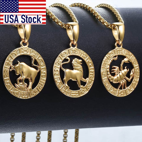 Image of Men's Women's 12 Horoscope Zodiac Sign Gold Pendant Necklace Aries Leo Wholesale Dropshipping 12 Constellations Jewelry GPM24