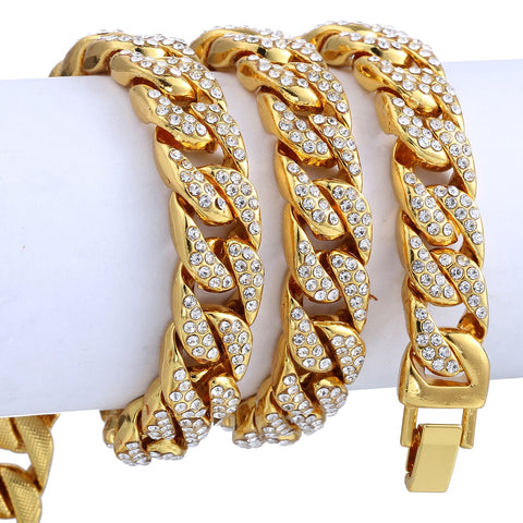 Image of Hiphop 14mm Iced Out Paved Rhinestones Necklack Yellow Gold Filled Miami Curb Cuban Chain CZ Rapper For Men Jewelry GN432