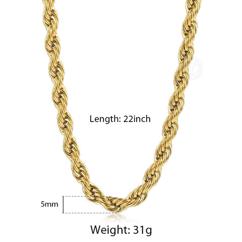 Image of New Fashion Twisted Rope Link Chain Gold Tone Stainless Steel Necklace for Men Unisex Chain Jewelry Gifts 22inch 3-7mm KNM178A