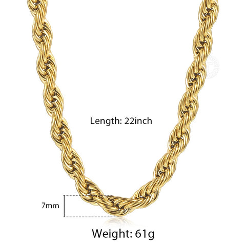 Image of New Fashion Twisted Rope Link Chain Gold Tone Stainless Steel Necklace for Men Unisex Chain Jewelry Gifts 22inch 3-7mm KNM178A