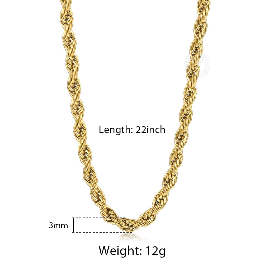 New Fashion Twisted Rope Link Chain Gold Tone Stainless Steel Necklace for Men Unisex Chain Jewelry Gifts 22inch 3-7mm KNM178A