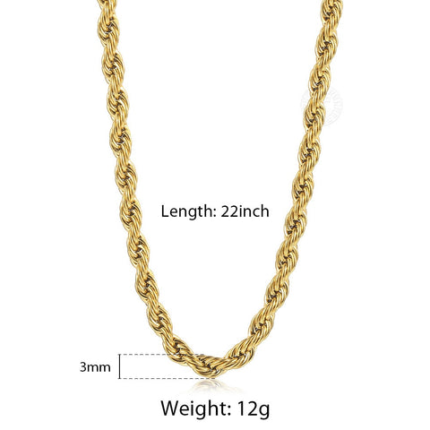 Image of New Fashion Twisted Rope Link Chain Gold Tone Stainless Steel Necklace for Men Unisex Chain Jewelry Gifts 22inch 3-7mm KNM178A