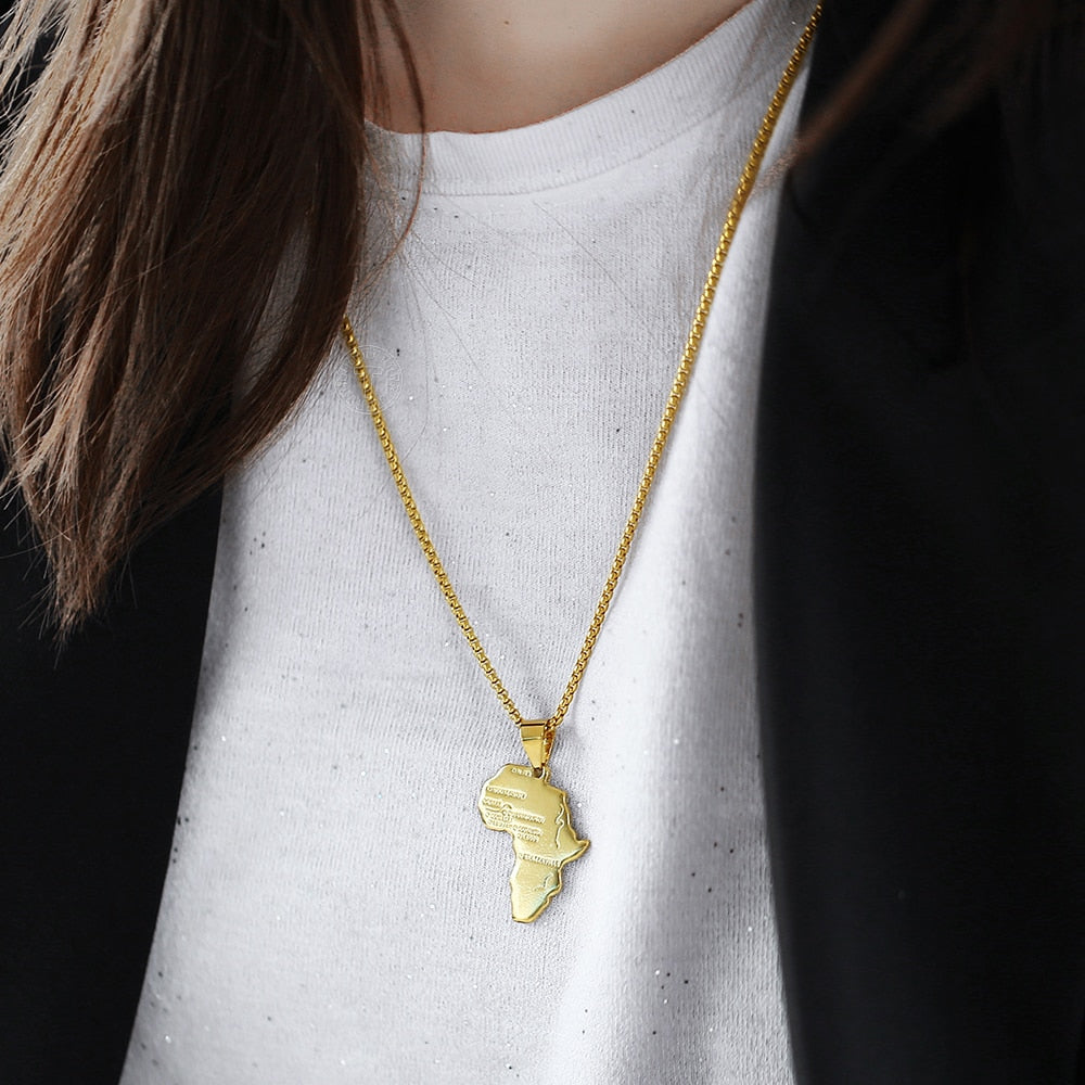 Trendsmax Africa Map Gold Pendant Necklace for Men Women Fashion African Map Pendant Hip Hop Dropshipping Jewelry Ethiopian GP56