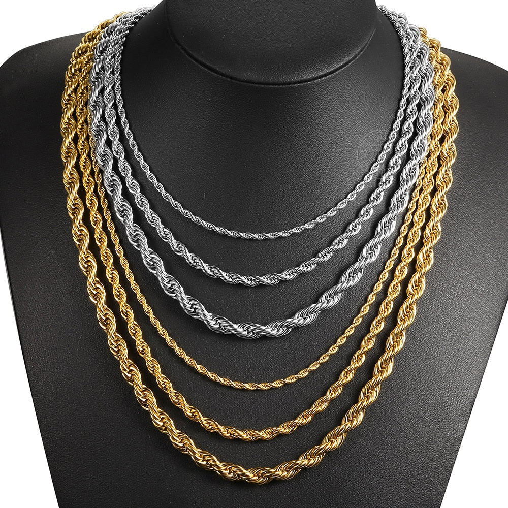New Fashion Twisted Rope Link Chain Gold Tone Stainless Steel Necklace for Men Unisex Chain Jewelry Gifts 22inch 3-7mm KNM178A