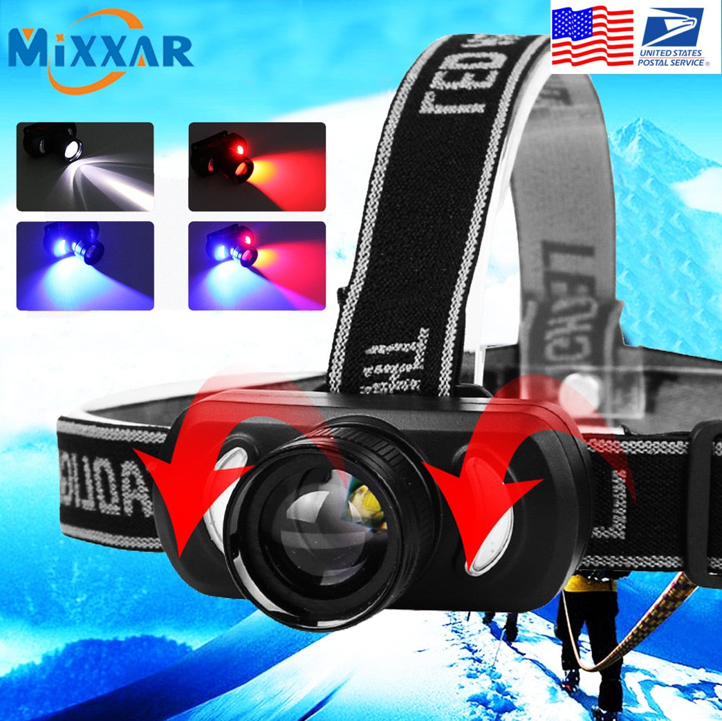 EZK20 LED Headlamp Red and Blue Built-in Battery USB Rechargeable Telescopic Zoom with Bicycle Clip for Biking