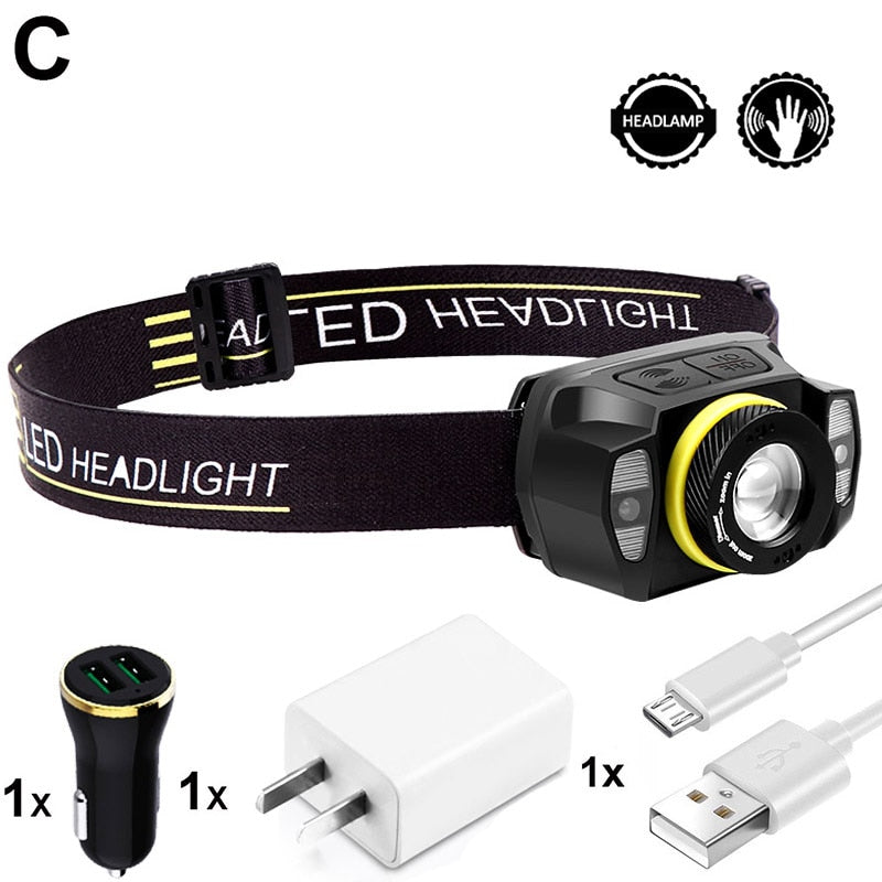 EZK20 5 Modes XPG LED Red Light Headlamp Built-in Battery Headlamp Rotate Zoom USB Sensor Headlight for Running