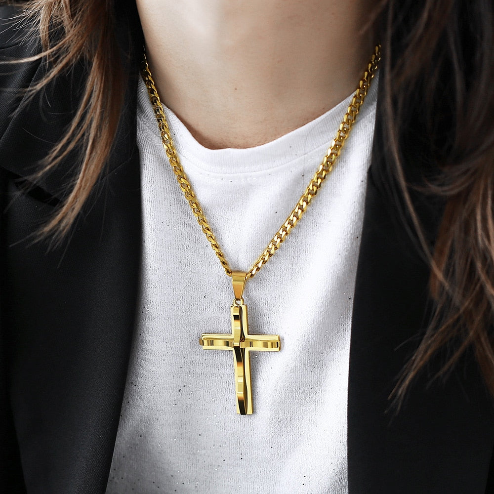 Dropshipping Cross Pendant Necklace For Men Black Gold Silver color Stainless Steel Pendant Necklace Men Hip Hop Jewelry KP52