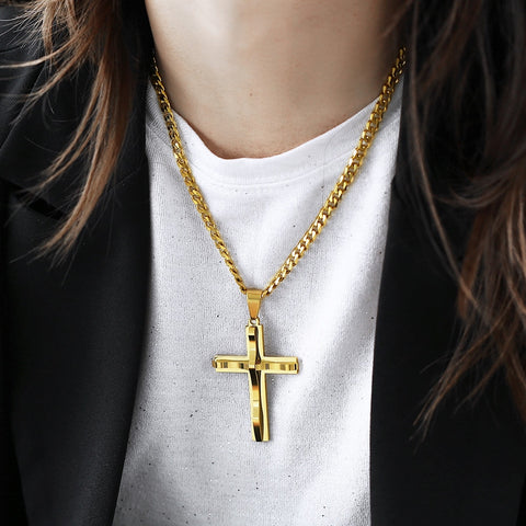 Image of Dropshipping Cross Pendant Necklace For Men Black Gold Silver color Stainless Steel Pendant Necklace Men Hip Hop Jewelry KP52