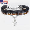 Trendsmax Natural Tiger Eye Stone Beaded Bracelet for men boy women Stainless Steel Cross Charm Leather Bracelet Jewelry KDLB71