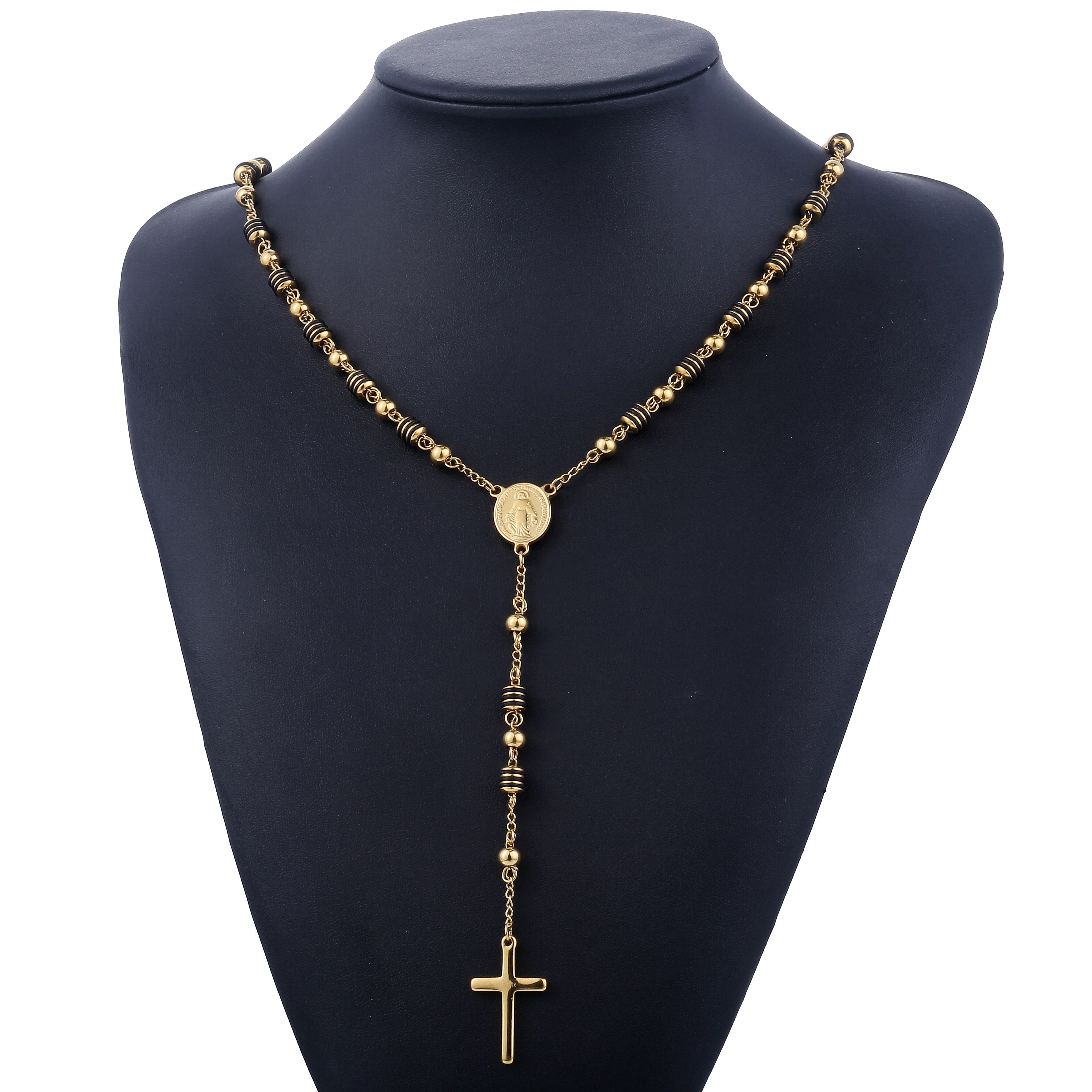 6mm Rosary Jesus Christ Cross Pendant Necklace Gold Black Tone Stainless Steel Bead Long Chain Women Men Fashion Jewelry KN434