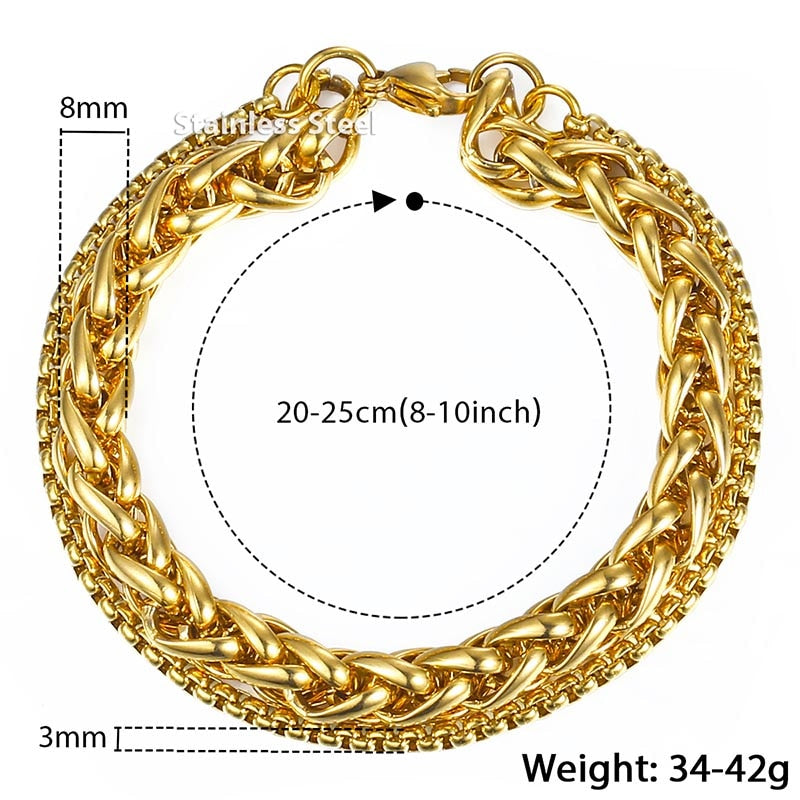 Unique Men's Bracelet Double Chain Bracelet Stainless Steel Wheat Box Chain Link Bracelets Male Jewelry Dropshipping DB75