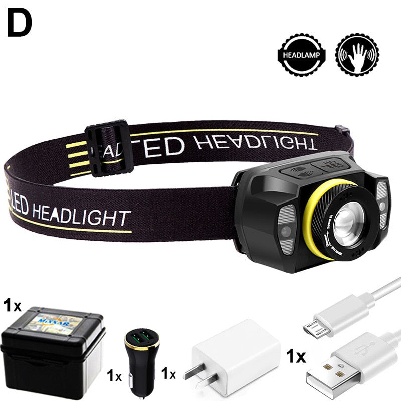 EZK20 5 Modes XPG LED Red Light Headlamp Built-in Battery Headlamp Rotate Zoom USB Sensor Headlight for Running